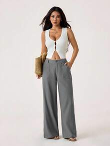 SHEIN PETITE 100% Washed Cotton Low Waist Straight Pants ,Petite Women - Grey - View 8