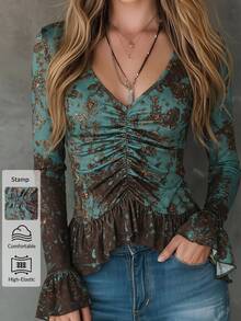 Solivie Women's V-Neck All-Over Print Pleated Casual Daily T-Shirt Fall Women Clothes  Going Out Top - Multicolor - View 2