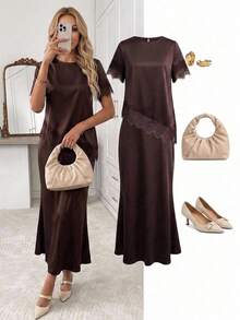 SHEIN Clasi 女款素色蕾絲拼接不對稱下擺上衣與裙子兩件套 - 棕色 - 查看 1