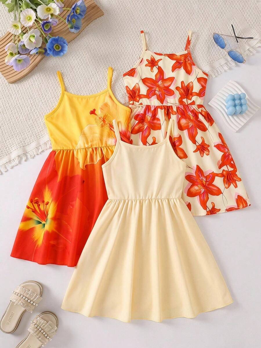 SHEIN 女童3件套洋裝，清新彩色花卉印花細肩帶A字軟質洋裝，充滿夏日活力與童年純真，適合外出、度假與夏季穿著
