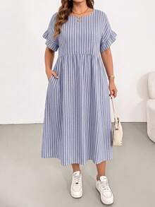 SHEIN Essnce Vestido de Talla Grande Minimalista Casual a Rayas con Bolsillo y Puño con Volantes - Multicolor - Ver 3