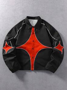 ROMWE MEN Men's Colorblock Patchwork Loose Long Sleeve Shirt - Black - View 1