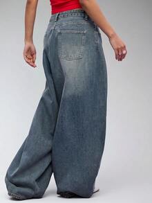 COUREZ Low Rise Baggy Balloon Fit Jeans In Washed Blue Wash Street Casual /  Y2K Autumn Clubbing Outfits For Women Pants For Women Rave Cotton Denim Fall - Navy Blue - View 7