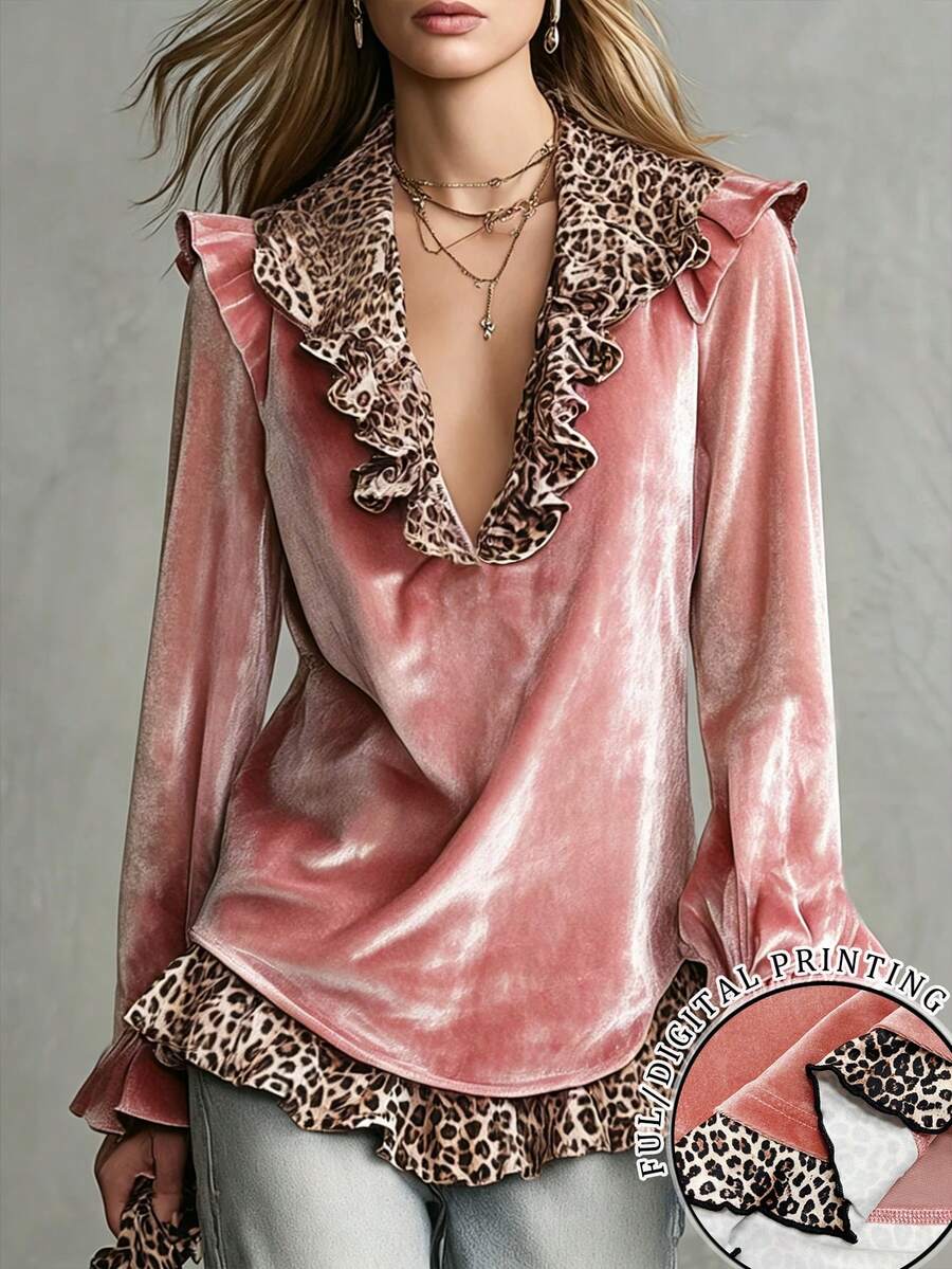 SHEIN Holidaya New Hot-Selling Office & Vacation Versatile Loose Leopard Print Blouse Fashionable Women's Top - Multicolor - View 1