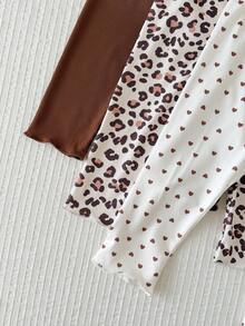 SHEIN 3-Pieces Baby Girl Long Pants Set, Solid Dark Brown Vertical Stripe Style Low-Key And Soft, Beige With Small Black Heart Pattern Cute And Fresh, Classic Leopard Print Style Personalized And Fashionable. All Pants Feature Slightly Ruffled Cuffs, Three Styles Suitable For Various, Overall Color Tone Unified And Harmonious. - Multicolor - View 6