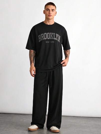 SWAVVY Men's Summer Casual Letter Print T-Shirt And Long Pants Set