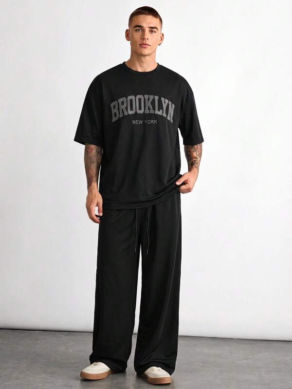 SWAVVY Men's Summer Casual Letter Print T-Shirt And Long Pants Set