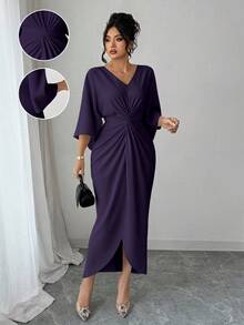 Elenzga Vestido ajustado con cuello en V y cintura ceñida para tallas grandes - Morado - Ver 1