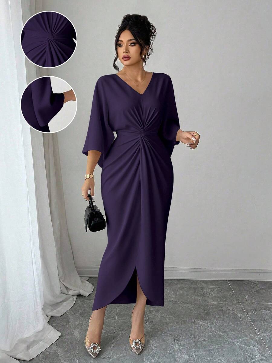Elenzga Vestido ajustado con cuello en V y cintura ceñida para tallas grandes - Morado - Ver 1