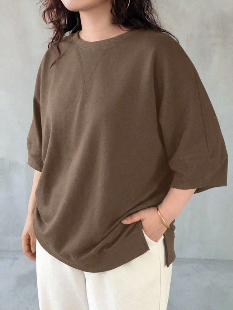 Dazy Plus Solid Color Loose Casual Front Short Back Long Hem Split Design Pullover 3/4 Sleeve T-Shirt For Spring Summer Autumn - Brown - View 1