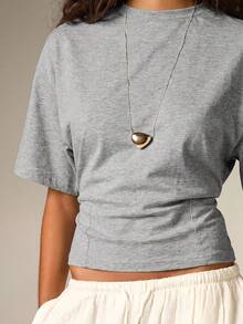 AiiRZ Oversized Crop T-Shirt With Cropped Hem And Short Sleeves Casual Boxy Fit Crew Neck Top For Spring Summer - Grey - View 5