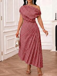 SHEIN Lady Plus Size Summer Elegant Polka Dot Print Asymmetric Dress - Pink - View 5