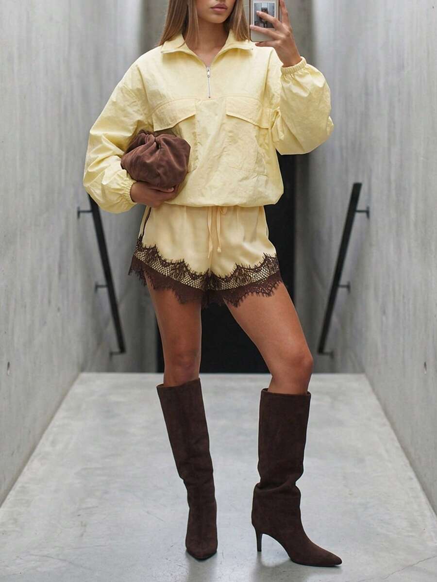 MISSGUIDED Satin Mini Shorts With Dark Brown Lace Trim Hem Drawstring Elastic Waist Luxe Slip Style Summer Festival Holiday Party - Yellow - View 1