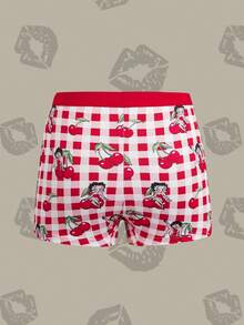 Betty Boop x SHEIN Women's Plaid Cherry Print Casual Everyday Hipster Panties - Red - View 2