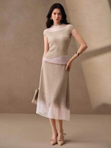 Anewsta Twisted Texture Knit Skirt With Gradient Sheer Mesh, High Waist Bodycon - Beige - View 1