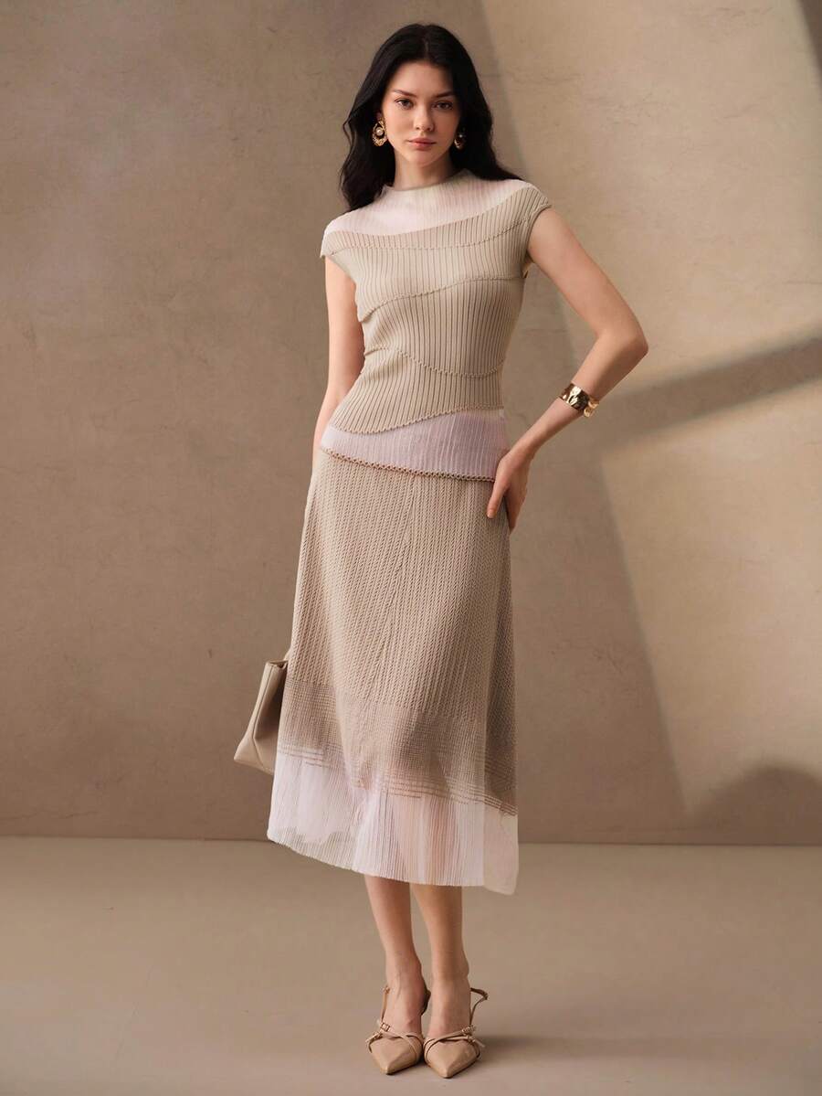 Anewsta Twisted Texture Knit Skirt With Gradient Sheer Mesh, High Waist Bodycon - Beige - View 1