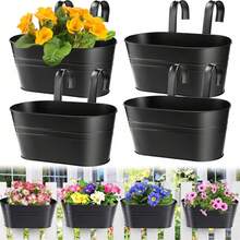 4入大號掛式花盆 耐用金屬鐵製壁掛植栽桶 附可拆卸掛鉤，適用欄杆、圍欄、陽台、庭院、花園室內裝飾 - 黑色 - 查看 3