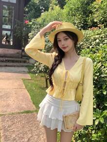 SHEIN MOD 白色女式系带喇叭袖衬衫、镂空服装、魔鬼服装、复古、海盗上衣、嬉皮士、外出上衣 - 黃色 - 查看 4