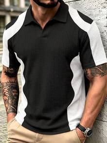 Gym Rark Two-Tone Black White Wave Color Block Polo Tee For Men, Full Waffle Textured Breathable Fabric, Notched V Collar Relaxed Fit, Versatile Business Casua - Multicolor - View 1
