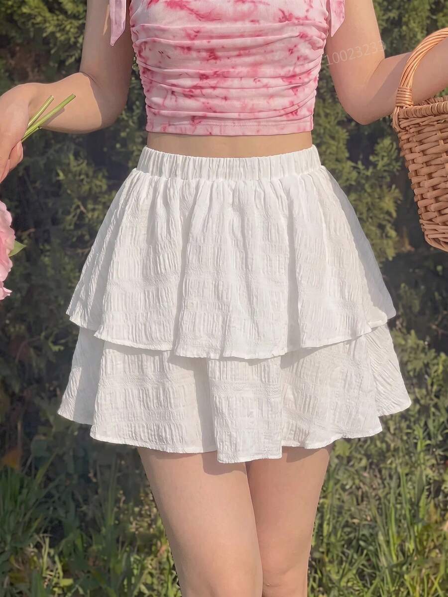 SHEIN MOD 女款彈性腰短款休閒純色雙層荷葉邊白色裙 - 白色 - 查看 1