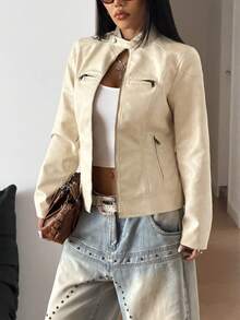SHEIN HypeZone Women's Solid Color Zipper Casual Versatile Daily Long Sleeve Jacket - Beige - View 3