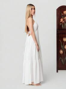 PRISCILA ESCOTO PRISCILA ESCOTO Women's Romantic Floral Printed Beach Vacation Halter V-Neck Pleated Backless A-Line Dress For Summer Hawaii,White Graduation Dress Elegant Party - White - View 4