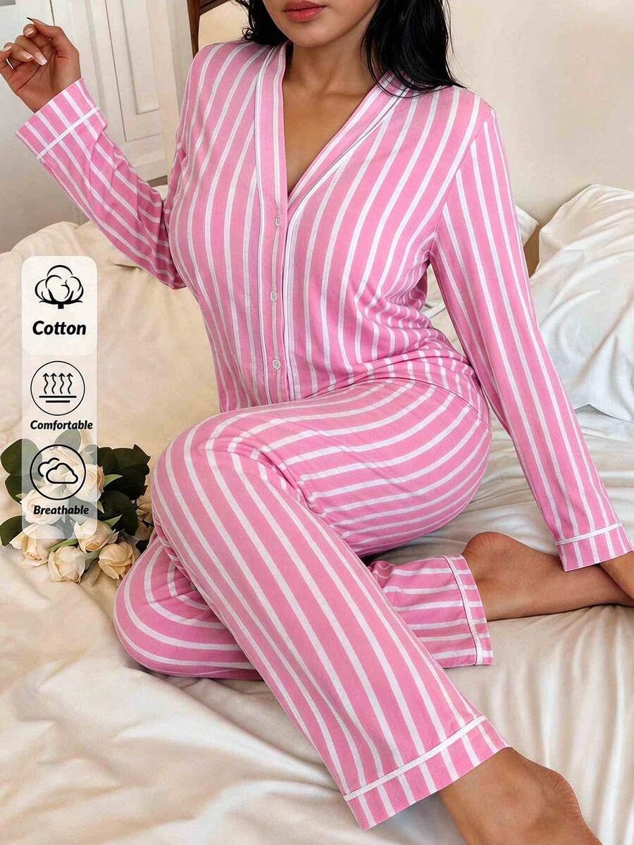 SHEIN Pink Striped Button Front Detailed Long Sleeve Casual Pajama Set - Pink - View 1