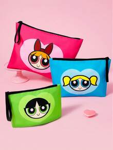 THE POWERPUFF GIRLS X SHEIN 多尺寸卡通便攜化妝包，輕量可水洗聚酯纖維材質附手腕帶，適合收納化妝品與小物品，旅行與日常使用皆宜 - 粉綠藍 - 查看 2