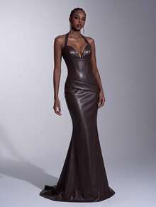 Elitara Elegant Fashionable Coffee Brown Faux Leather Halter Neck Corset Mermaid Dress Backless Bodycon Sweetheart Floor Length Prom Wedding Formal Gown - Coffee Brown - View 7
