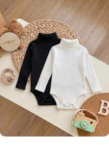 SHEIN 2pcs Baby Girl Casual Cute Knit Solid Color Long Sleeve Rompers - Black and White - View 1