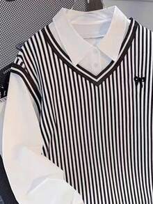 Franclia Sweatshirt Kasual Sporty Wanita dengan Kerah Warna Kontras Bergaris, Atasan Gaya Kampus - MultiWarna - View 5