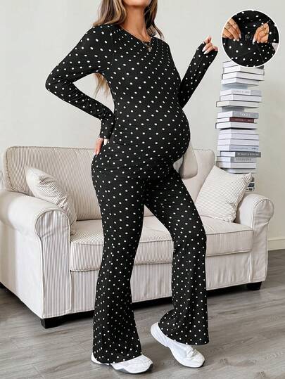 SHEIN Maternity Polka Dot Long Sleeve Top And Adjustable Waist Long Pants Casual Daily 2 Pieces Set