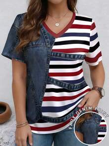 EMERY ROSE Patchwork Striped Pattern V-Neck Short Sleeve Casual Plus Size T-Shirt, Spring & Summer - Multicolor - View 1