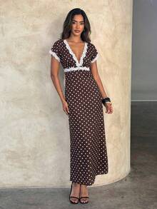 Aloruh Women's Autumn/Winter Polka Dot Print Lace Patchwork Extra Long A-Line Dress - Brown - View 3