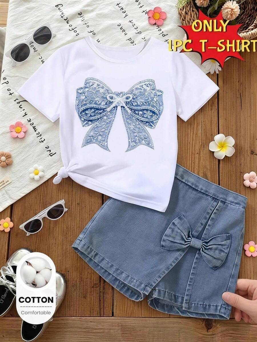 SHEIN (1 Pc) Baby Girl Fresh Cute Minimalist Daily Blue & White Floral Pearl Bow Pattern Basic Traceable Cotton White Short T-Shirt - White - View 1