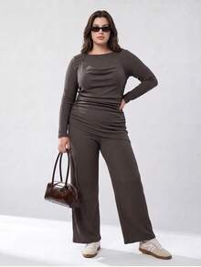 Solavibe Plus Size Women Ruched Asymmetric Hem Long Sleeve Halter Neck T-Shirt Pants Elegant 2 Pieces Set Fall Brunch Party Evening Office Dinner Brown - Brown - View 6
