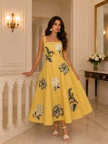 Anewsta Elegant Floral Print Spaghetti Strap Dress For Women - Yellow - View 8