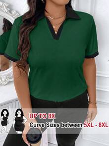 SHEIN CURVE+ Plus Size Women Casual 90s Commuting Graduation Outdoor Versatile Contrast Color Short Sleeve T-Shirt, Spring/Summer Green - Green - View 4