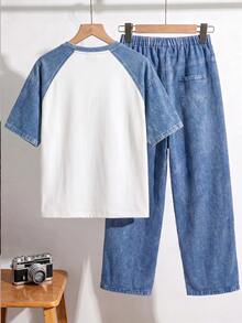 SHEIN 青少年男孩丹寧效果字母印花短袖T恤與長褲休閒套裝 - 藍色 - 查看 2