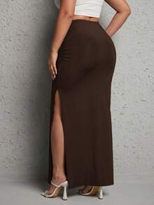 SHEIN PETITE CURVE Plus Size Women Solid Color Pleated Side Slit Hem Casual Sexy Skirt Autumn Going Out Night Brown - Coffee Brown - View 6
