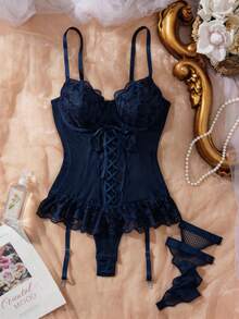 Crystal Vow Sexy Lace Mesh Tie-Up Ruffle Jumpsuit With Fishnet Stockings 2-Piece Set - Navy Blue - View 5