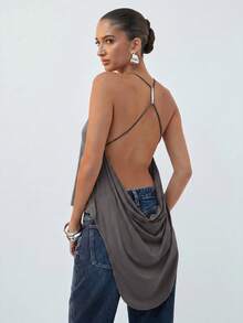 Hauture Backless Halter Top With Silver Line Trim - Dark Grey - View 3