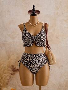 SHEIN Swim Plus Size Women's Summer Beach Leopard Print Sexy Fashion Bikini Two-Piece Swimwear Set - Multicolor - View 6