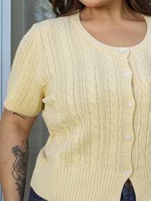 Bibi Tomais Plus Size Women's Yellow Braided Knit Short Sleeve Top, Spring/Summer - Yellow - View 6