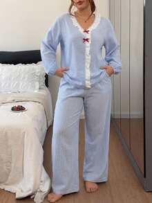 Dazy Plus Cute Plaid Loose Top And Pants 2-Piece Set, Blue Pajama Set For Spring And Autumn - Blue - View 4