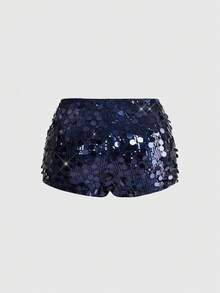 ROMWE Grunge Punk Sexy Low Waist Elastic Black Sequin Beaded Shiny Music Festival Dance Party Plus Size Shorts For Women - Blue - View 2