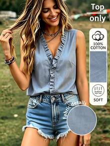 EMERY ROSE Women's Solid Color V-Neck Ruffle Casual Alt Alt Versatile Daily Wear Blouse Vacation Light Blue Summer Vacation - Blue - View 8