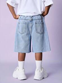 SHEIN Celana Pendek Denim Bermuda Longgar Warna Biru Muda Sobek Kasual untuk Anak Laki-Laki, Cocok untuk Pemakaian Sehari-hari di Musim Semi dan Musim Panas - Dusty Purple - View 2
