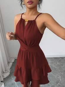 Elenzga Women's Spring/Summer Elegant Khaki Beaded Bow Tie Sleeveless Fitted Flared Mini Dress - Burnt Orange - View 4