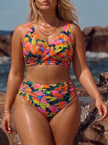 Swim Lushoire Floral Print Casual Vacation Women Plus Size Tankini Set - Red - View 5